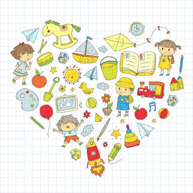 Çizim simgeler alanı, Macera, keşif, hayal gücü kavramı anaokulu anaokulu okul öncesi eğitim ile Doodle desen çocuklar oynamak ve çocuklar ve kızlar çalışma çocuk çocuklar
