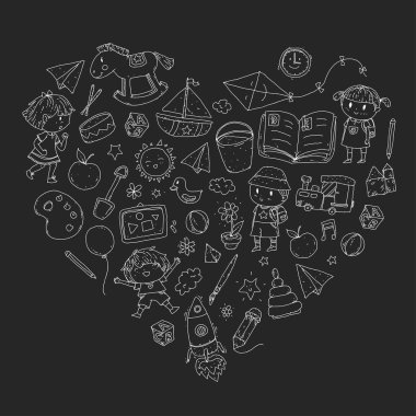 Çizim simgeler alanı, Macera, keşif, hayal gücü kavramı anaokulu anaokulu okul öncesi eğitim ile Doodle desen çocuklar oynamak ve çocuklar ve kızlar çalışma çocuk çocuklar