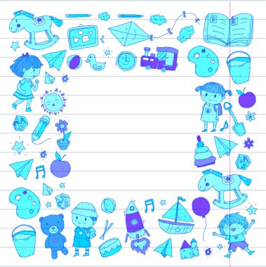 Çizim simgeler alanı, Macera, keşif, hayal gücü kavramı anaokulu anaokulu okul öncesi eğitim ile Doodle desen çocuklar oynamak ve çocuklar ve kızlar çalışma çocuk çocuklar