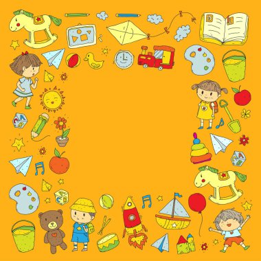 Çizim simgeler alanı, Macera, keşif, hayal gücü kavramı anaokulu anaokulu okul öncesi eğitim ile Doodle desen çocuklar oynamak ve çocuklar ve kızlar çalışma çocuk çocuklar