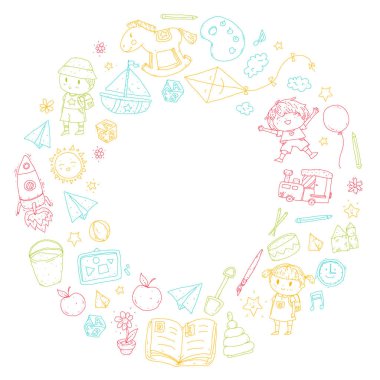 Çizim simgeler alanı, Macera, keşif, hayal gücü kavramı anaokulu anaokulu okul öncesi eğitim ile Doodle desen çocuklar oynamak ve çocuklar ve kızlar çalışma çocuk çocuklar