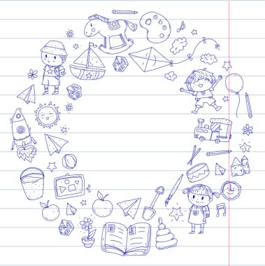 Çizim simgeler alanı, Macera, keşif, hayal gücü kavramı anaokulu anaokulu okul öncesi eğitim ile Doodle desen çocuklar oynamak ve çocuklar ve kızlar çalışma çocuk çocuklar