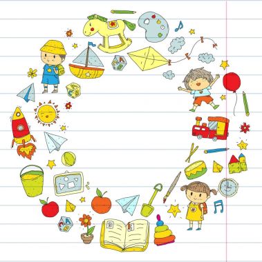 Çizim simgeler alanı, Macera, keşif, hayal gücü kavramı anaokulu anaokulu okul öncesi eğitim ile Doodle desen çocuklar oynamak ve çocuklar ve kızlar çalışma çocuk çocuklar