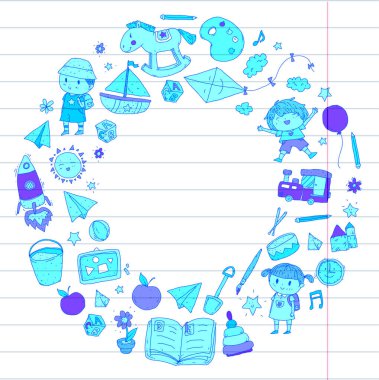 Çizim simgeler alanı, Macera, keşif, hayal gücü kavramı anaokulu anaokulu okul öncesi eğitim ile Doodle desen çocuklar oynamak ve çocuklar ve kızlar çalışma çocuk çocuklar
