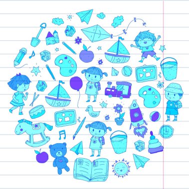 Çizim simgeler alanı, Macera, keşif, hayal gücü kavramı anaokulu anaokulu okul öncesi eğitim ile Doodle desen çocuklar oynamak ve çocuklar ve kızlar çalışma çocuk çocuklar