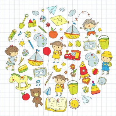 Çizim simgeler alanı, Macera, keşif, hayal gücü kavramı anaokulu anaokulu okul öncesi eğitim ile Doodle desen çocuklar oynamak ve çocuklar ve kızlar çalışma çocuk çocuklar