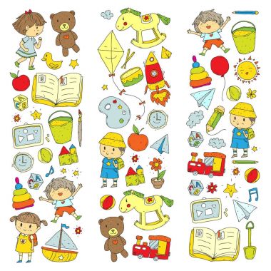 Çizim simgeler alanı, Macera, keşif, hayal gücü kavramı anaokulu anaokulu okul öncesi eğitim ile Doodle desen çocuklar oynamak ve çocuklar ve kızlar çalışma çocuk çocuklar