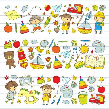 Çizim simgeler alanı, Macera, keşif, hayal gücü kavramı anaokulu anaokulu okul öncesi eğitim ile Doodle desen çocuklar oynamak ve çocuklar ve kızlar çalışma çocuk çocuklar