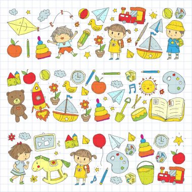 Çizim simgeler alanı, Macera, keşif, hayal gücü kavramı anaokulu anaokulu okul öncesi eğitim ile Doodle desen çocuklar oynamak ve çocuklar ve kızlar çalışma çocuk çocuklar