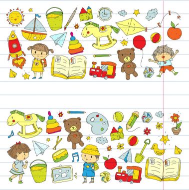 Çizim simgeler alanı, Macera, keşif, hayal gücü kavramı anaokulu anaokulu okul öncesi eğitim ile Doodle desen çocuklar oynamak ve çocuklar ve kızlar çalışma çocuk çocuklar