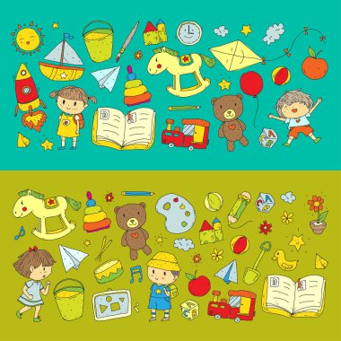 Çizim simgeler alanı, Macera, keşif, hayal gücü kavramı anaokulu anaokulu okul öncesi eğitim ile Doodle desen çocuklar oynamak ve çocuklar ve kızlar çalışma çocuk çocuklar