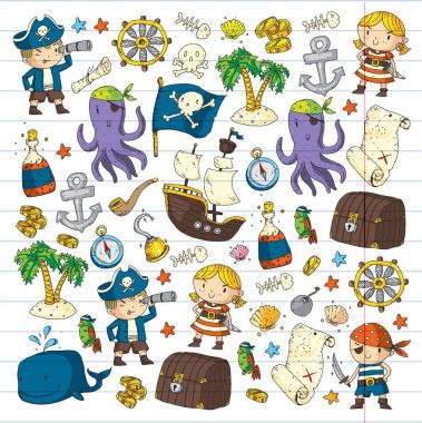 Anaokulu korsan partisi çocuk macera, hazine, Korsanlar, ahtapot, balina için afiş, broşür, broşür, davetiye için vektör desen çizimi çocuklar gemi korsan macera korsan