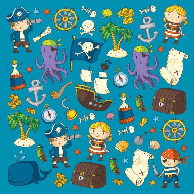 Anaokulu korsan partisi çocuk macera, hazine, Korsanlar, ahtapot, balina için afiş, broşür, broşür, davetiye için vektör desen çizimi çocuklar gemi korsan macera korsan