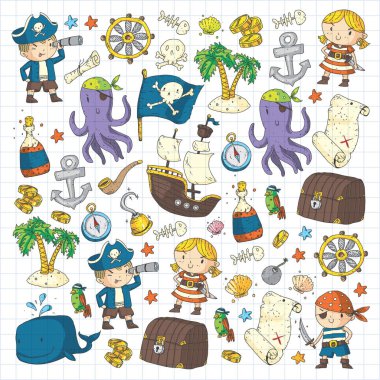 Anaokulu korsan partisi çocuk macera, hazine, Korsanlar, ahtapot, balina için afiş, broşür, broşür, davetiye için vektör desen çizimi çocuklar gemi korsan macera korsan