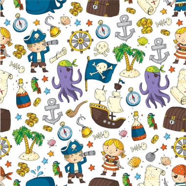 Anaokulu korsan partisi çocuk macera, hazine, Korsanlar, ahtapot, balina için afiş, broşür, broşür, davetiye için vektör desen çizimi çocuklar gemi korsan macera korsan