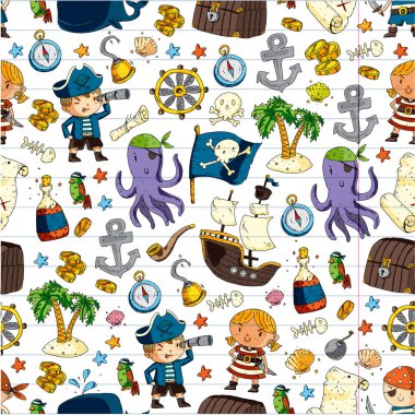 Anaokulu korsan partisi çocuk macera, hazine, Korsanlar, ahtapot, balina için afiş, broşür, broşür, davetiye için vektör desen çizimi çocuklar gemi korsan macera korsan