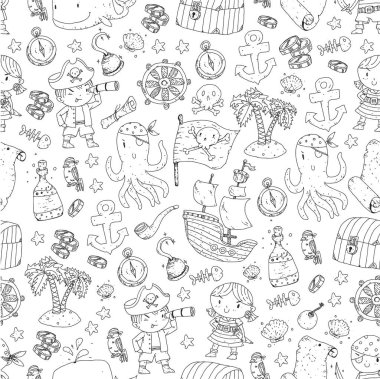 Anaokulu korsan partisi çocuk macera, hazine, Korsanlar, ahtapot, balina için afiş, broşür, broşür, davetiye için vektör desen çizimi çocuklar gemi korsan macera korsan