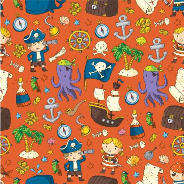 Anaokulu korsan partisi çocuk macera, hazine, Korsanlar, ahtapot, balina için afiş, broşür, broşür, davetiye için vektör desen çizimi çocuklar gemi korsan macera korsan