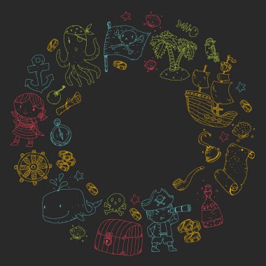 Anaokulu korsan partisi çocuk macera, hazine, Korsanlar, ahtapot, balina için afiş, broşür, broşür, davetiye için vektör desen çizimi çocuklar gemi korsan macera korsan