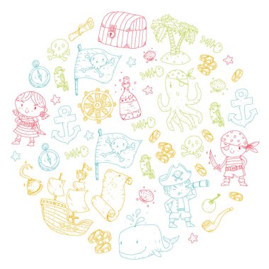 Anaokulu korsan partisi çocuk macera, hazine, Korsanlar, ahtapot, balina için afiş, broşür, broşür, davetiye için vektör desen çizimi çocuklar gemi korsan macera korsan