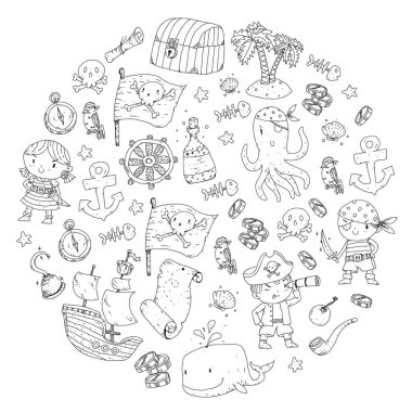 Anaokulu korsan partisi çocuk macera, hazine, Korsanlar, ahtapot, balina için afiş, broşür, broşür, davetiye için vektör desen çizimi çocuklar gemi korsan macera korsan