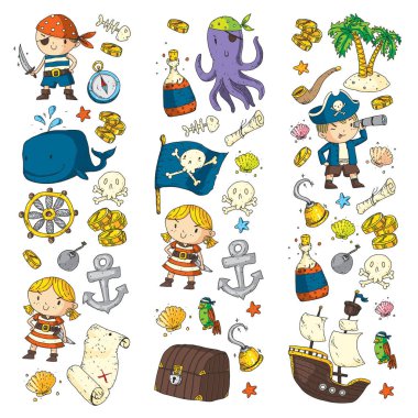 Anaokulu korsan partisi çocuk macera, hazine, Korsanlar, ahtapot, balina için afiş, broşür, broşür, davetiye için vektör desen çizimi çocuklar gemi korsan macera korsan