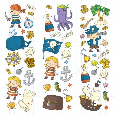 Anaokulu korsan partisi çocuk macera, hazine, Korsanlar, ahtapot, balina için afiş, broşür, broşür, davetiye için vektör desen çizimi çocuklar gemi korsan macera korsan