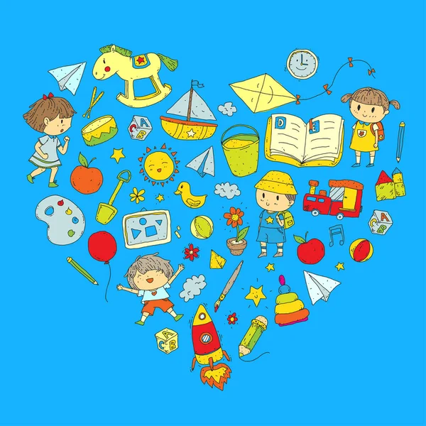 Guardería Infantil Educación preescolar con niños Patrón de doodles Niños juegan y estudian Niños y niñas niños dibujando iconos Espacio, aventura, exploración, concepto de imaginación — Vector de stock
