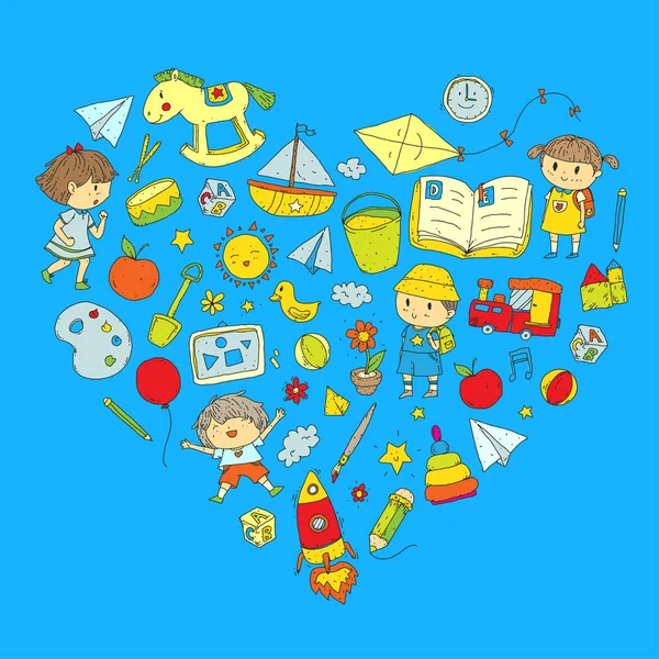 Scuola materna Scuola materna Istruzione prescolare con i bambini Modello Doodle Bambini giocare e studiare Ragazzi e ragazze bambini disegno icone Spazio, avventura, esplorazione, concetto di immaginazione — Vettoriale Stock