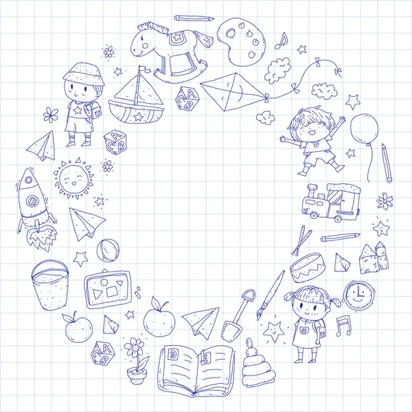 Školka MŠ předškolní vzdělávání s dětmi Doodle vzor děti hrát a studovat chlapci a dívky děti kreslení ikon prostor, dobrodružství, zkoumání, fantazie koncept — Stockový vektor