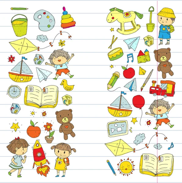 Förskola daghem förskola skola utbildning med barn Doodle mönster barn spela och studera pojkar och flickor kids ritning ikoner utrymme, äventyr, utforskning, fantasi koncept — Stock vektor