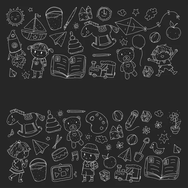 Guardería Infantil Educación preescolar con niños Patrón de doodles Niños juegan y estudian Niños y niñas niños dibujando iconos Espacio, aventura, exploración, concepto de imaginación — Archivo Imágenes Vectoriales