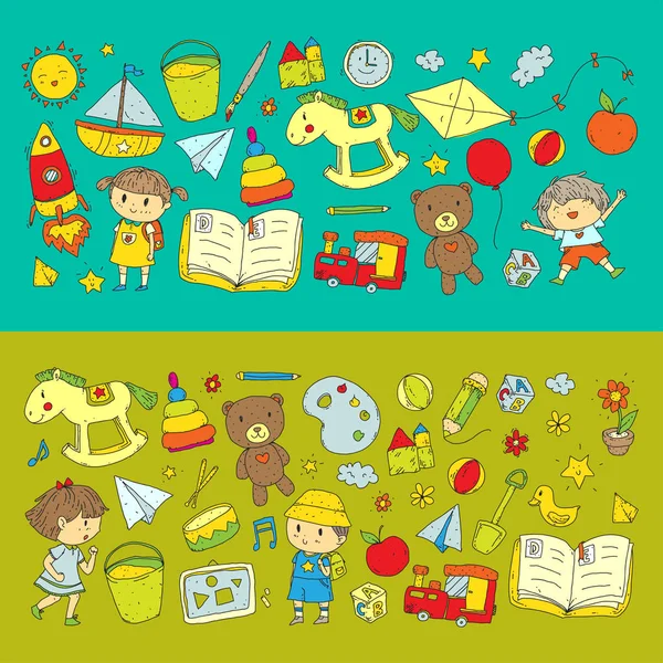 Taman Kanak-kanak Pendidikan Taman Kanak-kanak dengan anak-anak Pola Doodle Permainan dan studi Anak laki-laki dan anak-anak perempuan Gambar ikon Ruang, petualangan, eksplorasi, imajinasi konsep - Stok Vektor