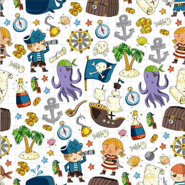 Anaokulu korsan partisi çocuk macera, hazine, Korsanlar, ahtapot, balina için afiş, broşür, broşür, davetiye için vektör desen çizimi çocuklar gemi korsan macera korsan