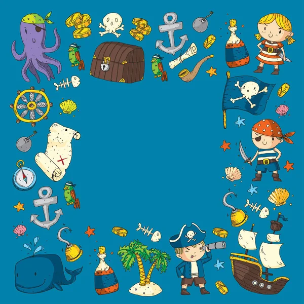 Aventuras piratas Fiesta pirata Kindergarten fiesta pirata para niños Aventura, tesoro, piratas, pulpo, ballena, barco Patrón de vectores de dibujo de niños para pancartas, folletos, folletos, invitaciones — Vector de stock