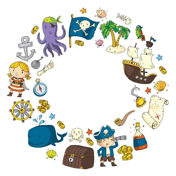 Aventuras piratas Fiesta pirata Kindergarten fiesta pirata para niños Aventura, tesoro, piratas, pulpo, ballena, barco Patrón de vectores de dibujo de niños para pancartas, folletos, folletos, invitaciones — Vector de stock