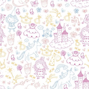 Şirin Prenses Icons set tek boynuzlu at, ejderha kız duvar kağıdı bebek duş davet anaokulu, okul öncesi, kreş, doğum günü, okul partisi ile