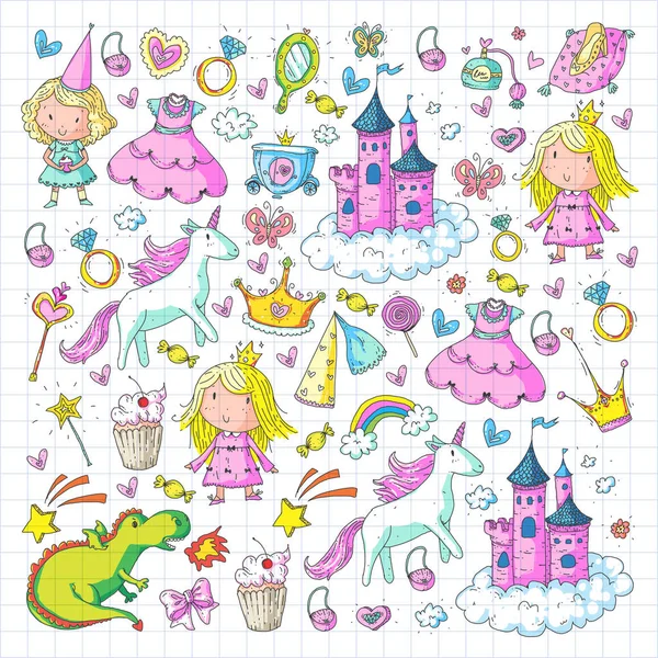 Cute princess Icons set with unicorn, dragon Girl wallpaper Baby shower Invitation Kindergarten, preschool, nursery, birthday, school party — Stock Vector