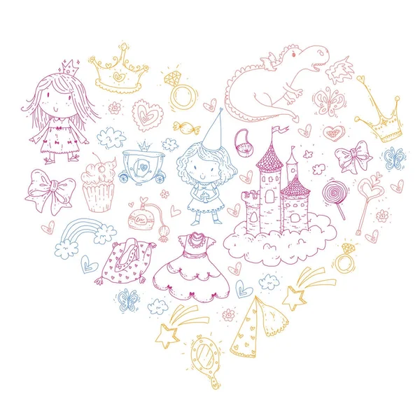 Linda princesa iconos conjunto con unicornio, dragón Chica fondo de pantalla Baby shower Invitación Kindergarten, preescolar, guardería, cumpleaños, fiesta de la escuela — Vector de stock