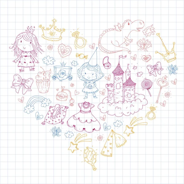 Cute princess Icons set with unicorn, dragon Girl wallpaper Baby shower Invitation Kindergarten, preschool, nursery, birthday, school party — Stock Vector