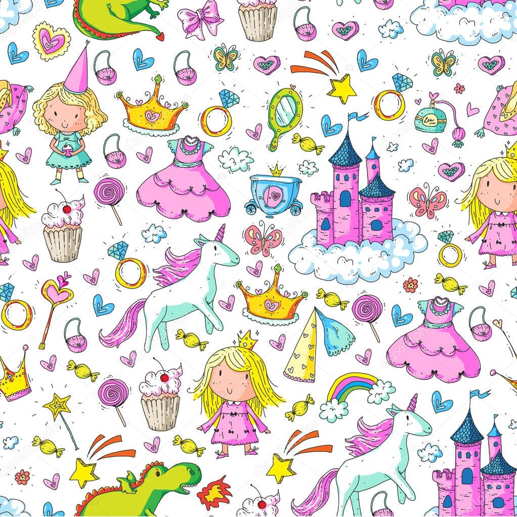 Cute princess Icons set with unicorn, dragon Girl wallpaper Baby shower Invitation Kindergarten, preschool, nursery, birthday, school party