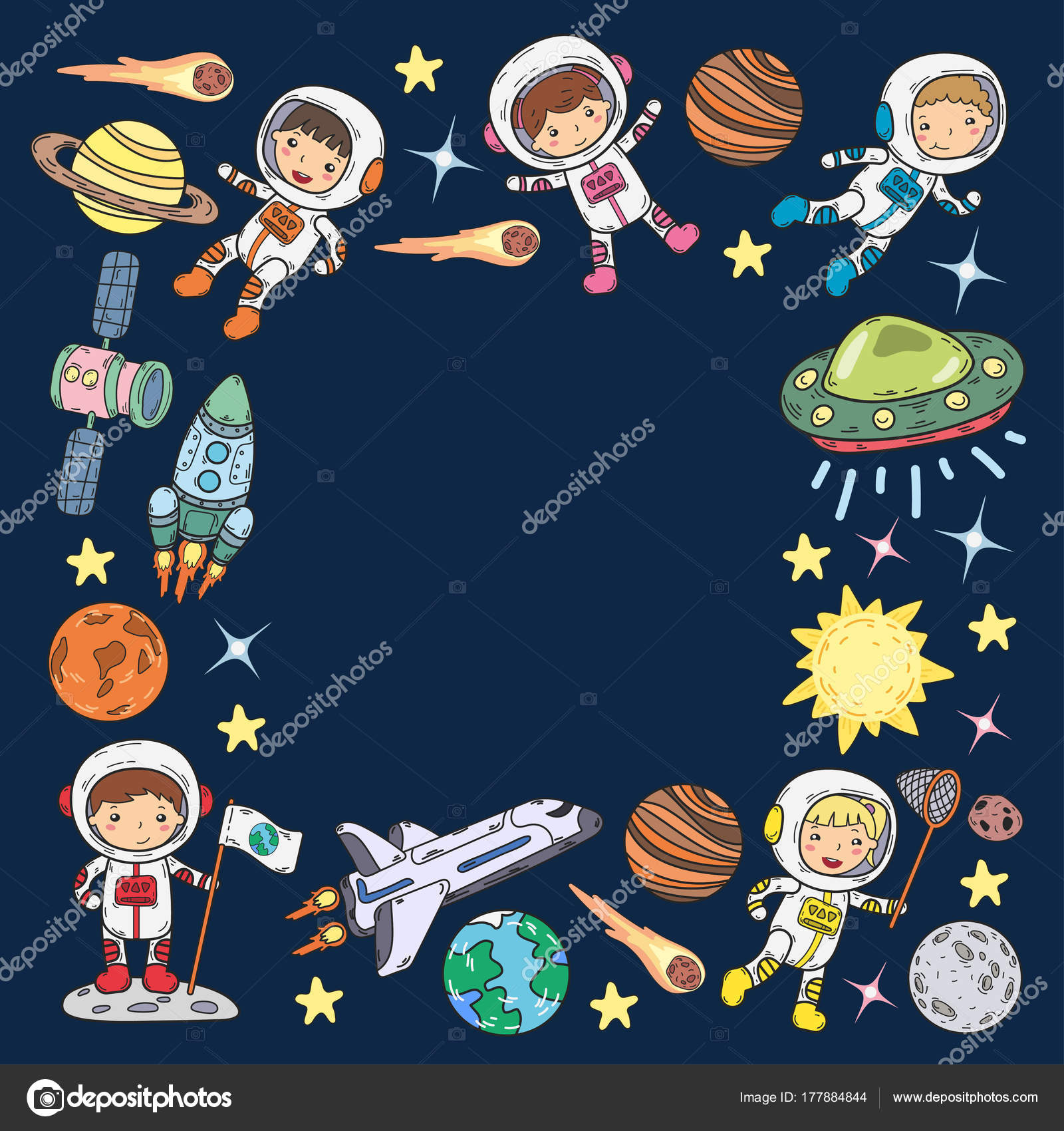 Espace Maternelle, École Leçon D'astronomie Enfants, Illustration D'enfants  Doodle Ufo, Extraterrestre, Surface De La Lune, Terre, Jupiter, Saturne,  Icônes Vectorielles Mars Clip Art Libres De Droits, Svg, Vecteurs Et  Illustration. Image 92018036