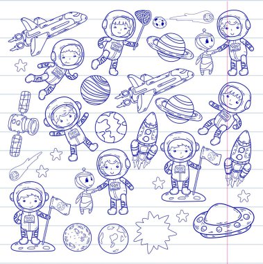 Uzay anaokulu, astronomi dersi çocuk okul, çocuklar illüstrasyon Ufo, yaratık, ay yüzeyi, dünya, Jüpiter, Satürn, Mars vektör doodle simgeler