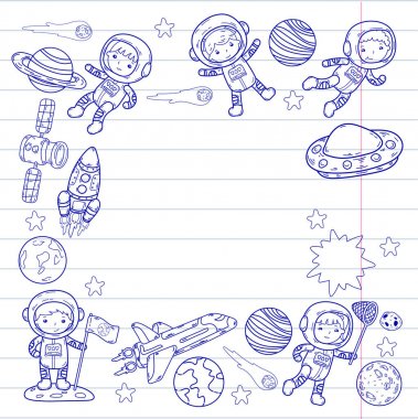 Uzay anaokulu, astronomi dersi çocuk okul, çocuklar illüstrasyon Ufo, yaratık, ay yüzeyi, dünya, Jüpiter, Satürn, Mars vektör doodle simgeler
