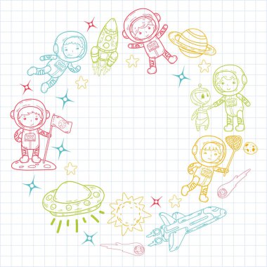 Uzay anaokulu, astronomi dersi çocuk okul, çocuklar illüstrasyon Ufo, yaratık, ay yüzeyi, dünya, Jüpiter, Satürn, Mars vektör doodle simgeler