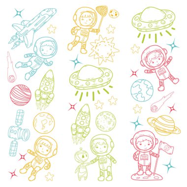 Uzay anaokulu, astronomi dersi çocuk okul, çocuklar illüstrasyon Ufo, yaratık, ay yüzeyi, dünya, Jüpiter, Satürn, Mars vektör doodle simgeler