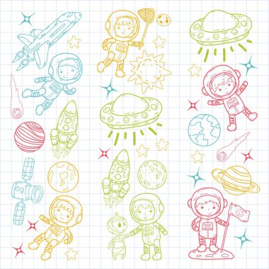 Uzay anaokulu, astronomi dersi çocuk okul, çocuklar illüstrasyon Ufo, yaratık, ay yüzeyi, dünya, Jüpiter, Satürn, Mars vektör doodle simgeler