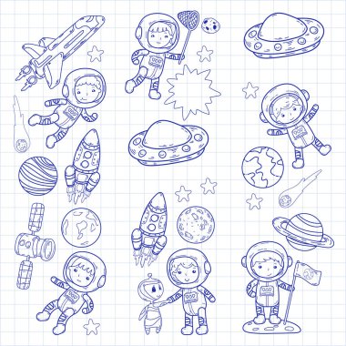 Uzay anaokulu, astronomi dersi çocuk okul, çocuklar illüstrasyon Ufo, yaratık, ay yüzeyi, dünya, Jüpiter, Satürn, Mars vektör doodle simgeler