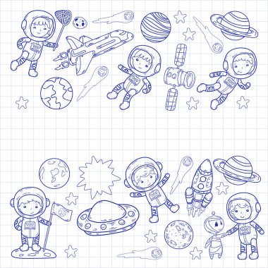 Uzay anaokulu, astronomi dersi çocuk okul, çocuklar illüstrasyon Ufo, yaratık, ay yüzeyi, dünya, Jüpiter, Satürn, Mars vektör doodle simgeler