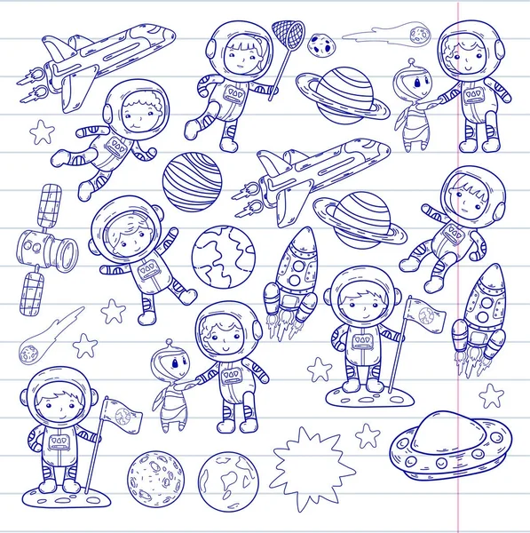 Espacio Kindergarten, escuela lección de astronomía Los niños, doodle niños ilustración Ufo, extranjero, superficie de la luna, Tierra, Júpiter, Saturno, Marte Vector iconos — Archivo Imágenes Vectoriales